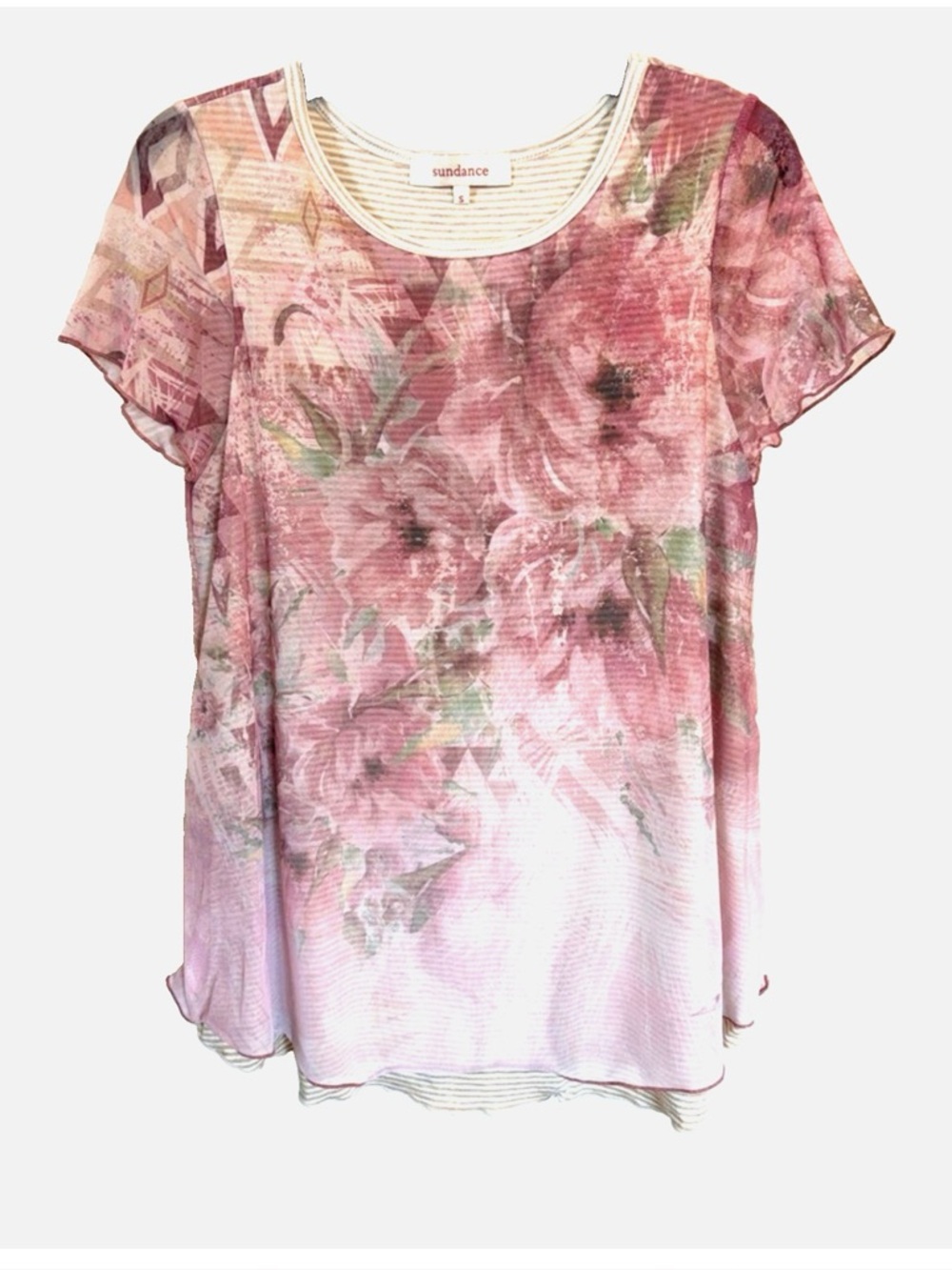 Sundance Top Small Pink Floral Sheer Mesh Layered Boho Romantic Blouse